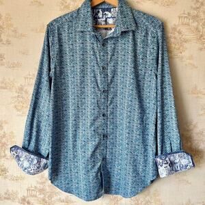 Robert Graham Button Down Shirt | Blue Geometric Tile Print | Size L